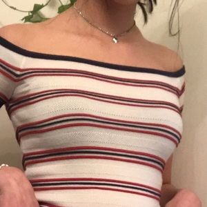 navy red and white striped off the shoulder top